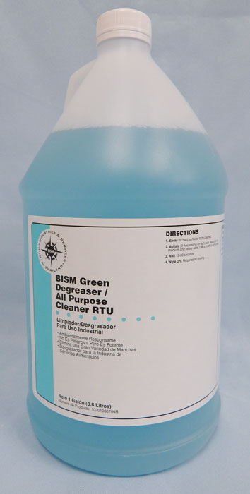 clear jug filled with light blue liquid, white label with light blue stripe - BISM Green Degreaser/All Purpose Cleaner RTU